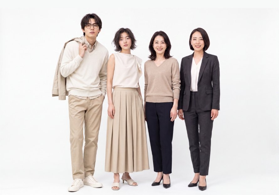 チラシ・DM・バナー広告や企業サイト向けのイメージモデル4人が白背景に並ぶ
