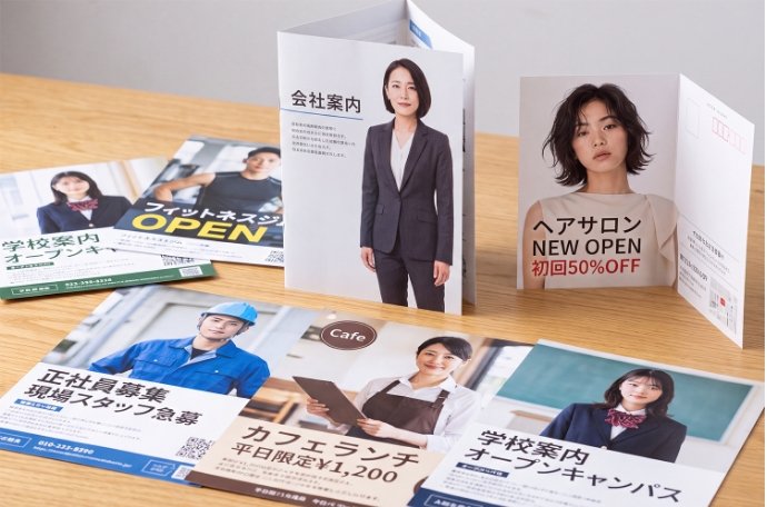 モデル素材を使用した会社案内・美容室・求人・学校案内などのチラシ・パンフレット使用例