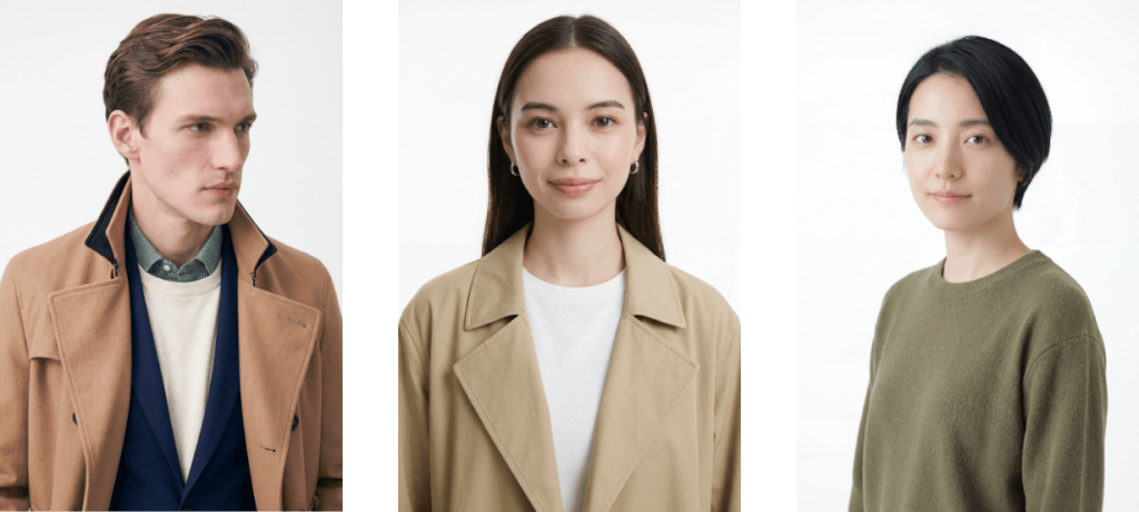 ベージュコートやカーキニットを着た高品質AIモデル3人のアパレル着用イメージ