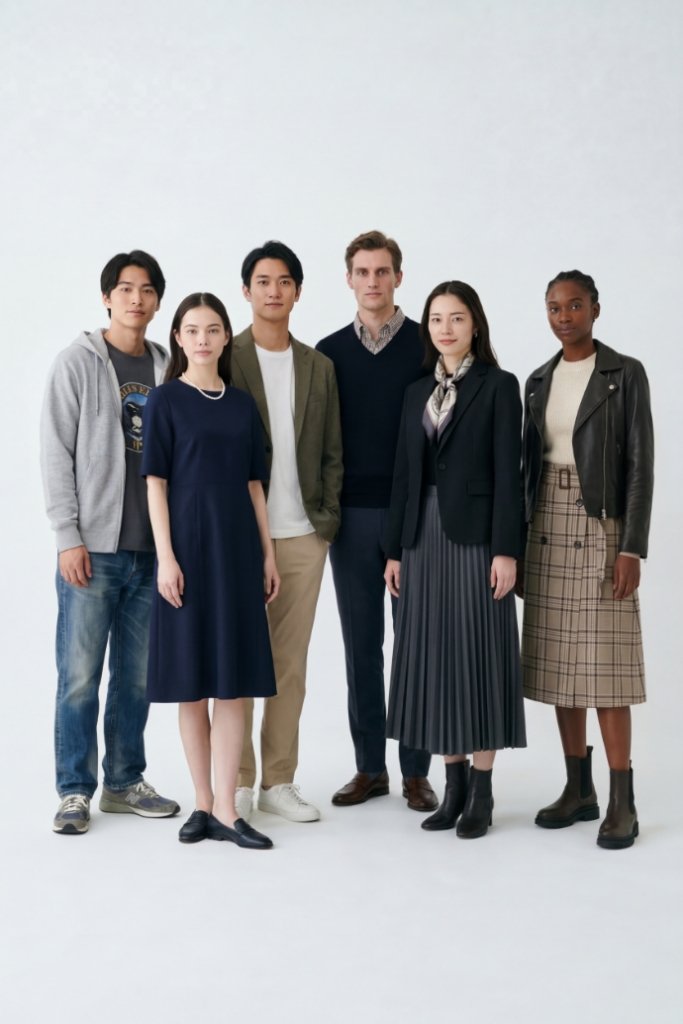ブランドの世界観に合わせた多様なAIモデル6人のアパレル着用イメージ